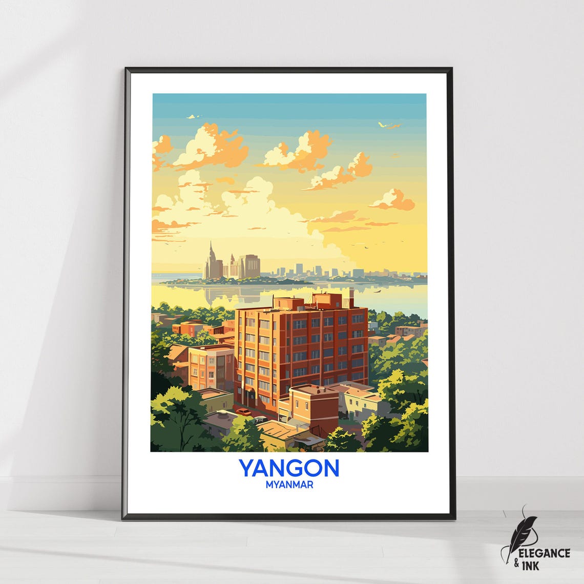Yangon Myanmar Sunset Skyline Waterfront Illustrated Travel Poster