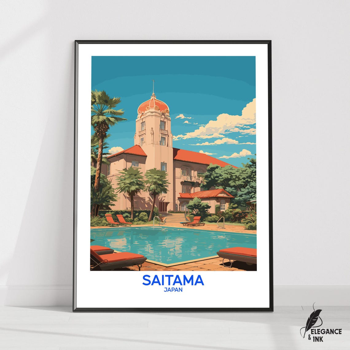 Sunny Saitama Japan Resort Pool Palm Trees Retro Travel Poster