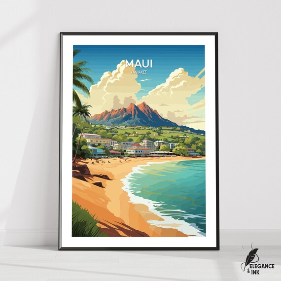 Maui Hawaii Beach Mountains Golden Light Vintage Travel Poster
