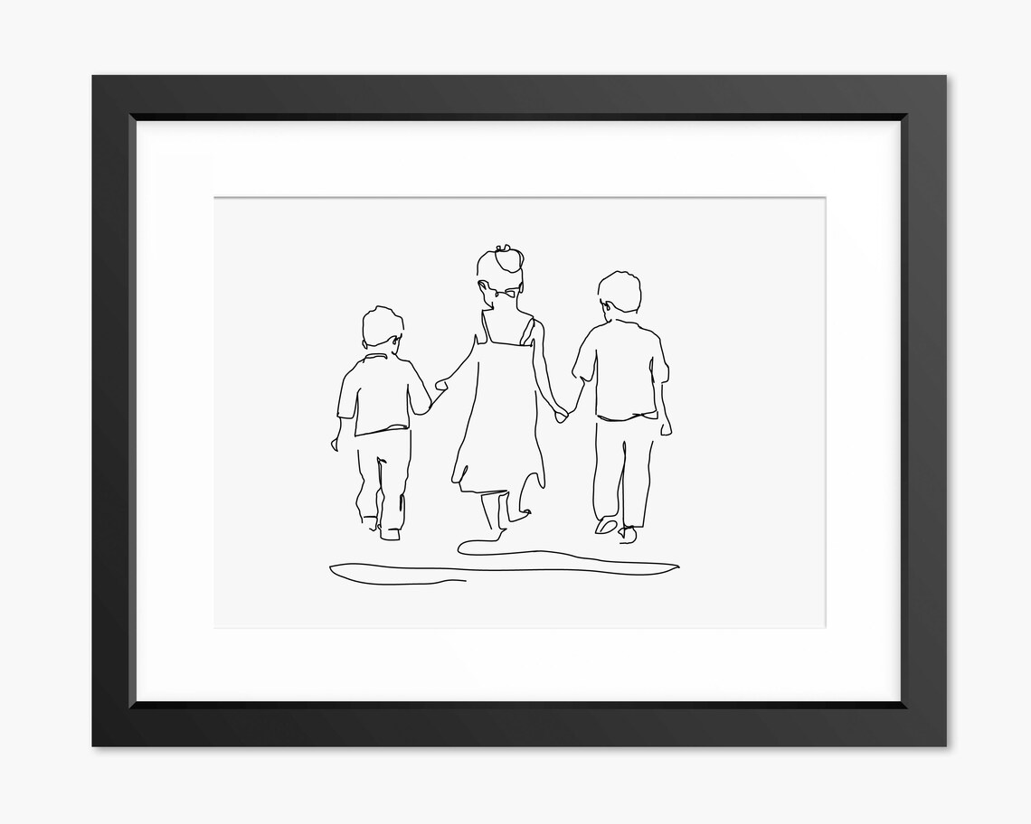 Sister and Two Brothers Walking Hand in Hand Line Art Poster