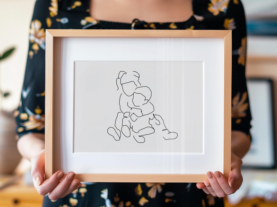 Two Siblings Sharing a Loving Embrace Minimalist Line Art Poster - Image 2