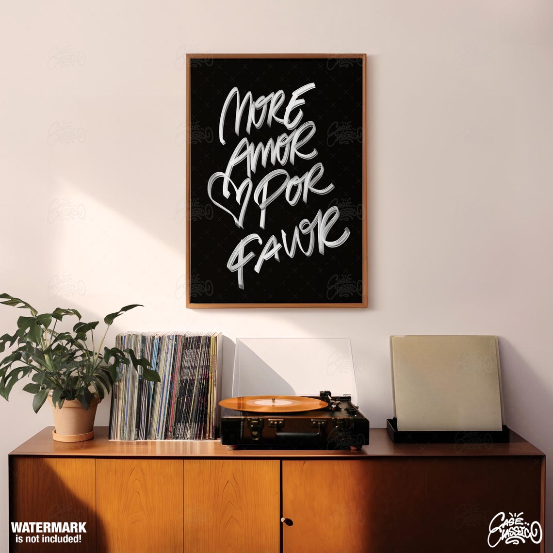 Passionate More Amor Por Favor Flowing White Script Black Poster - Image 3