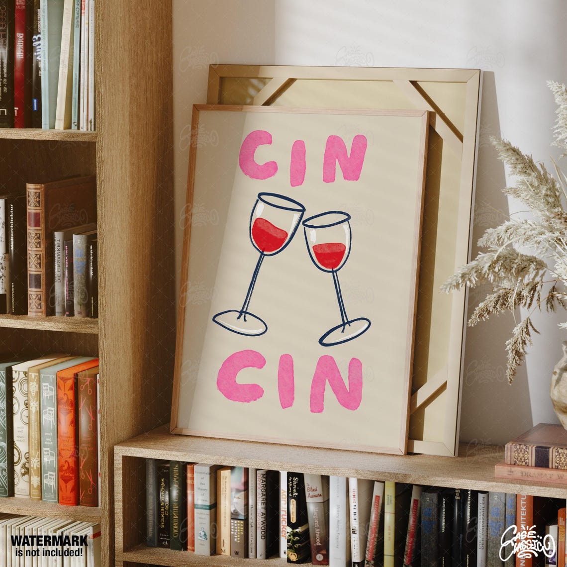Cin Cin Wine Toast Poster With Two Glasses in Pink on Cream Design - Image 2