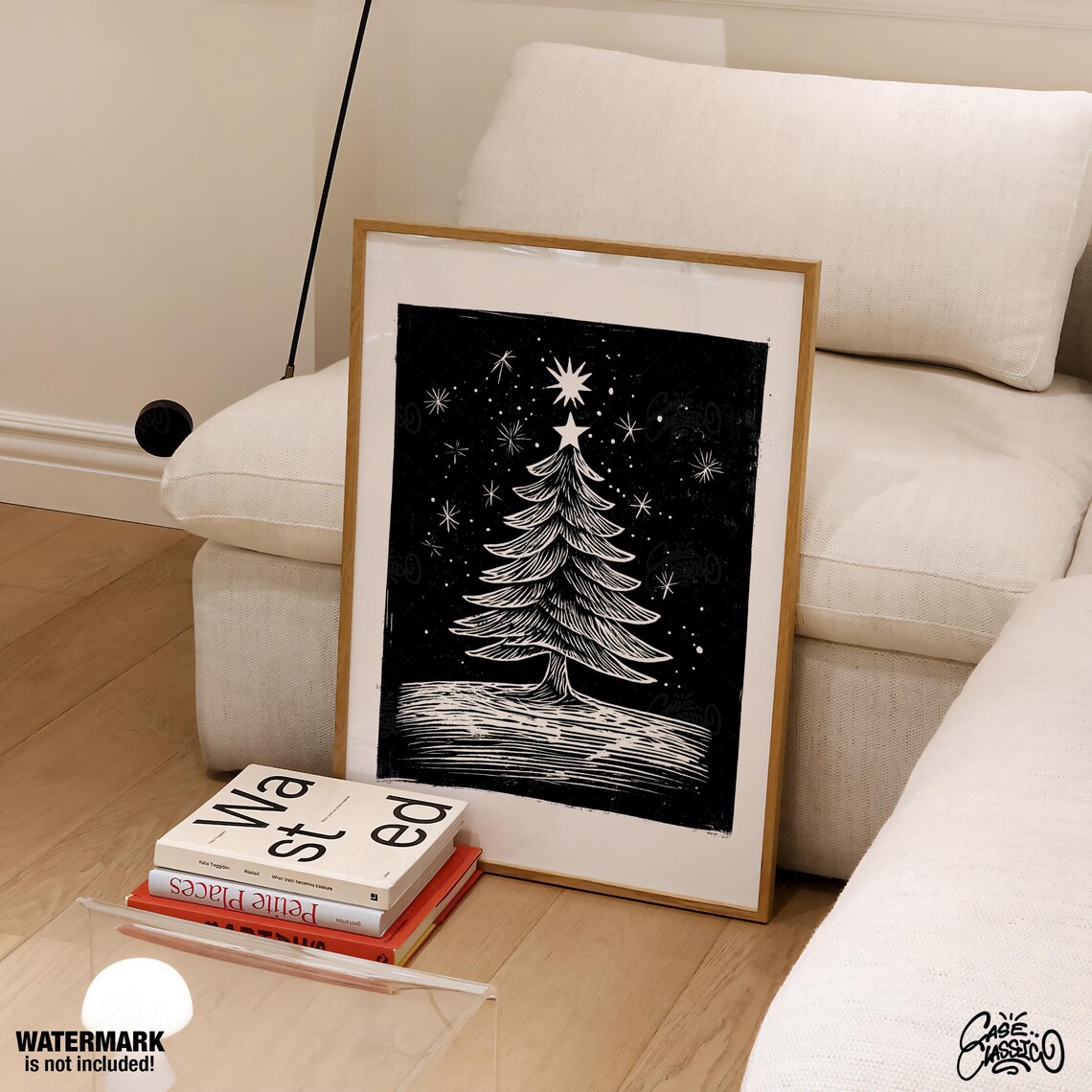 Black and White Christmas Tree Linocut Starry Night Art Print - Image 4