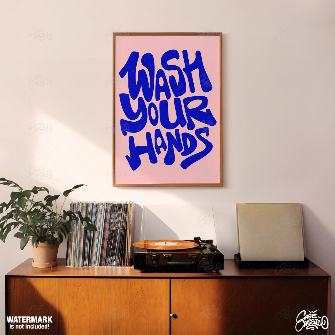 Playful Wash Your Hands Blue Bubble Letters Pink Bathroom Poster - Image 3