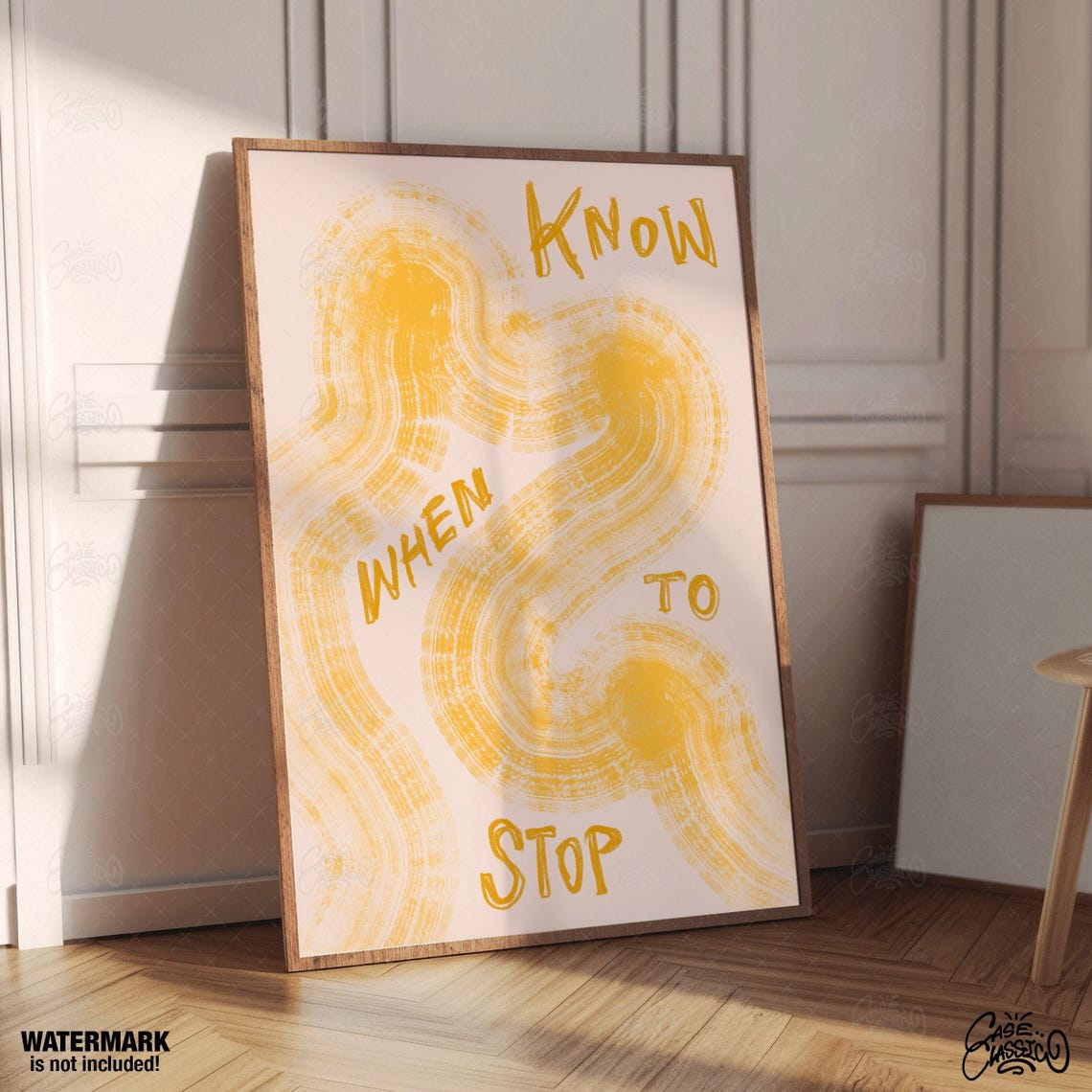 Know When To Stop Golden Yellow Swirl Abstract Typography Quote Poster - Image 4