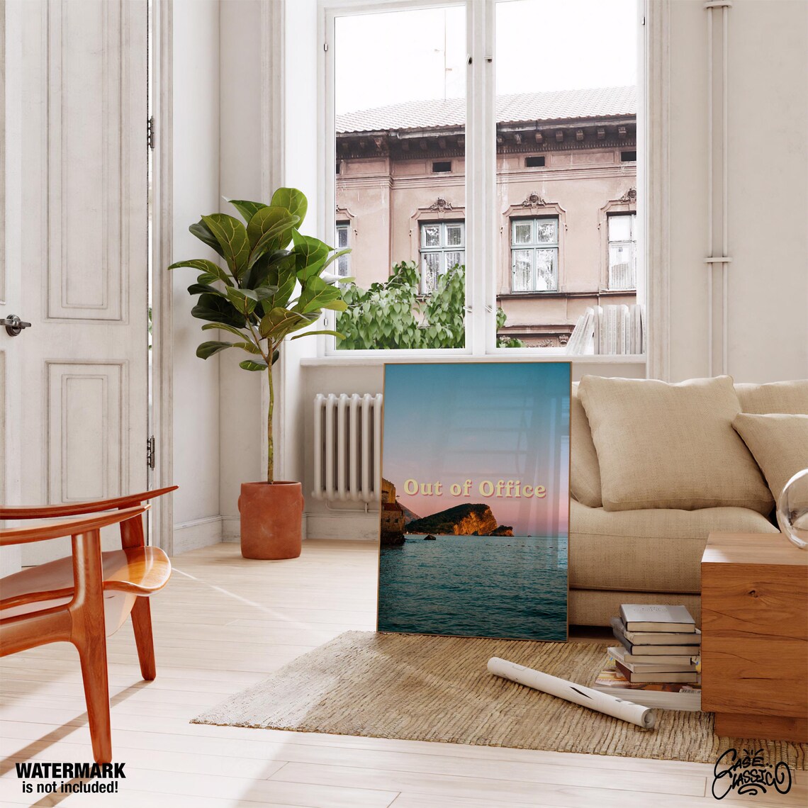 Out of Office Golden Sunset Rocky Island Ocean Photo Travel Poster - Image 2
