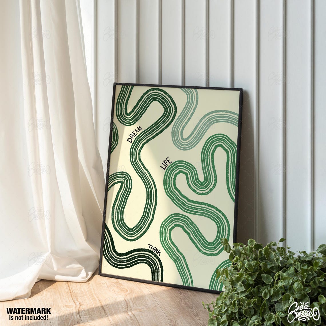 Dream Life Think Green Wavy Lines Abstract Poster in Modern Boho Style - Image 4