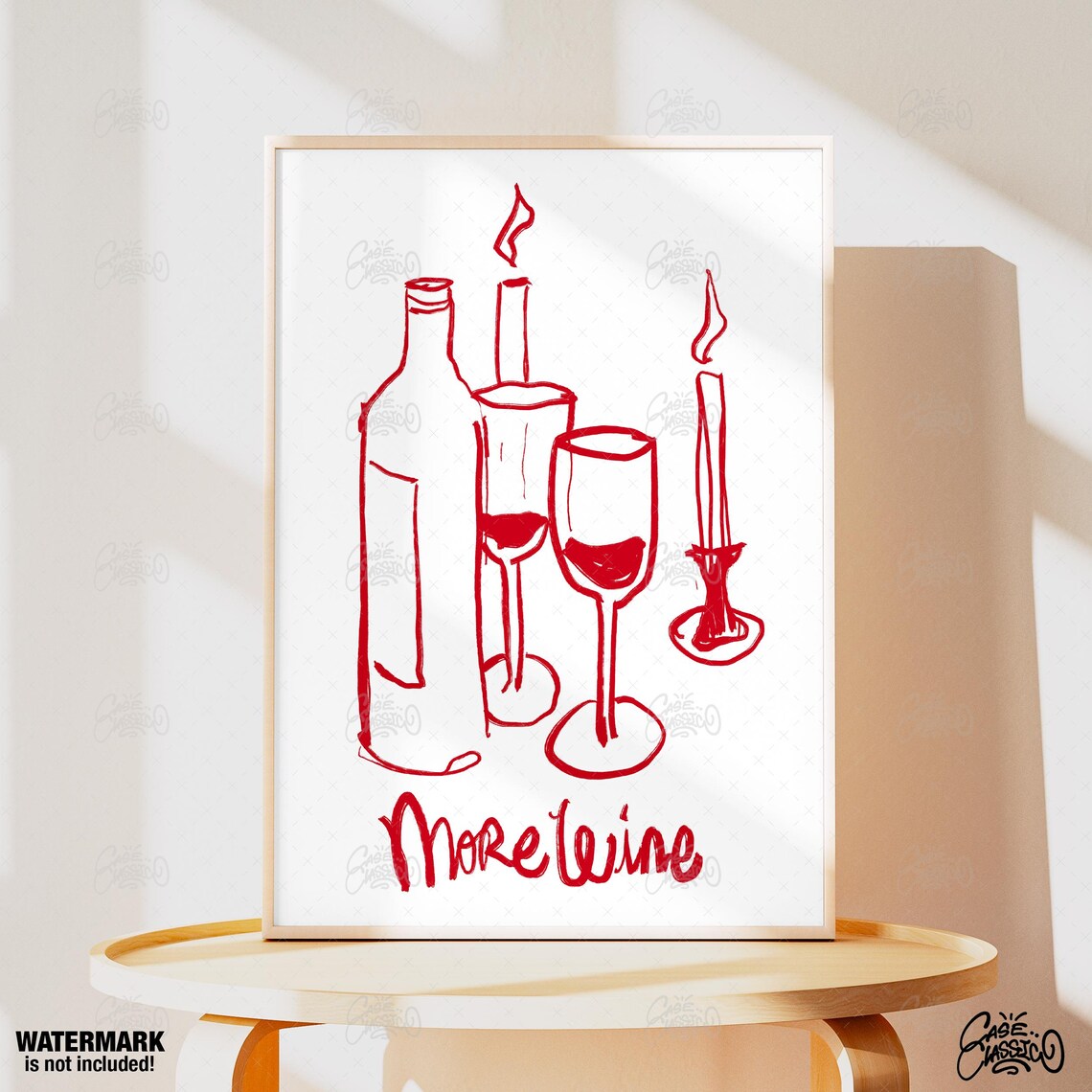 Red Line Art More Wine Poster With Bottle Glasses and Candle