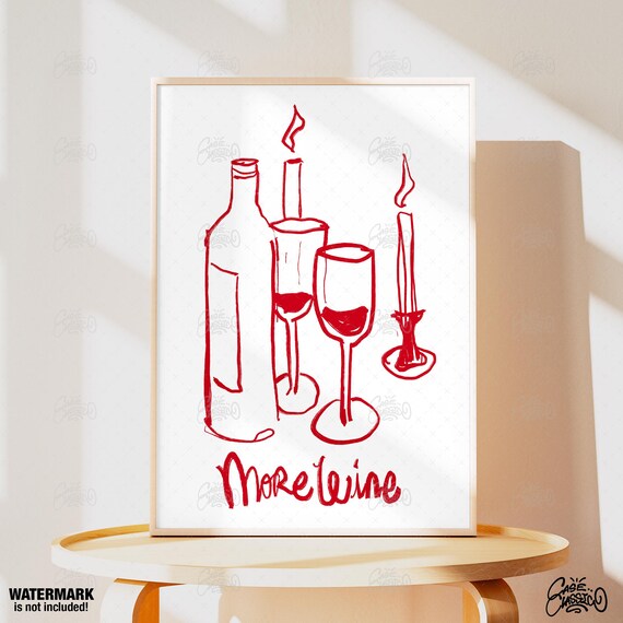Red Line Art More Wine Poster With Bottle Glasses and Candle