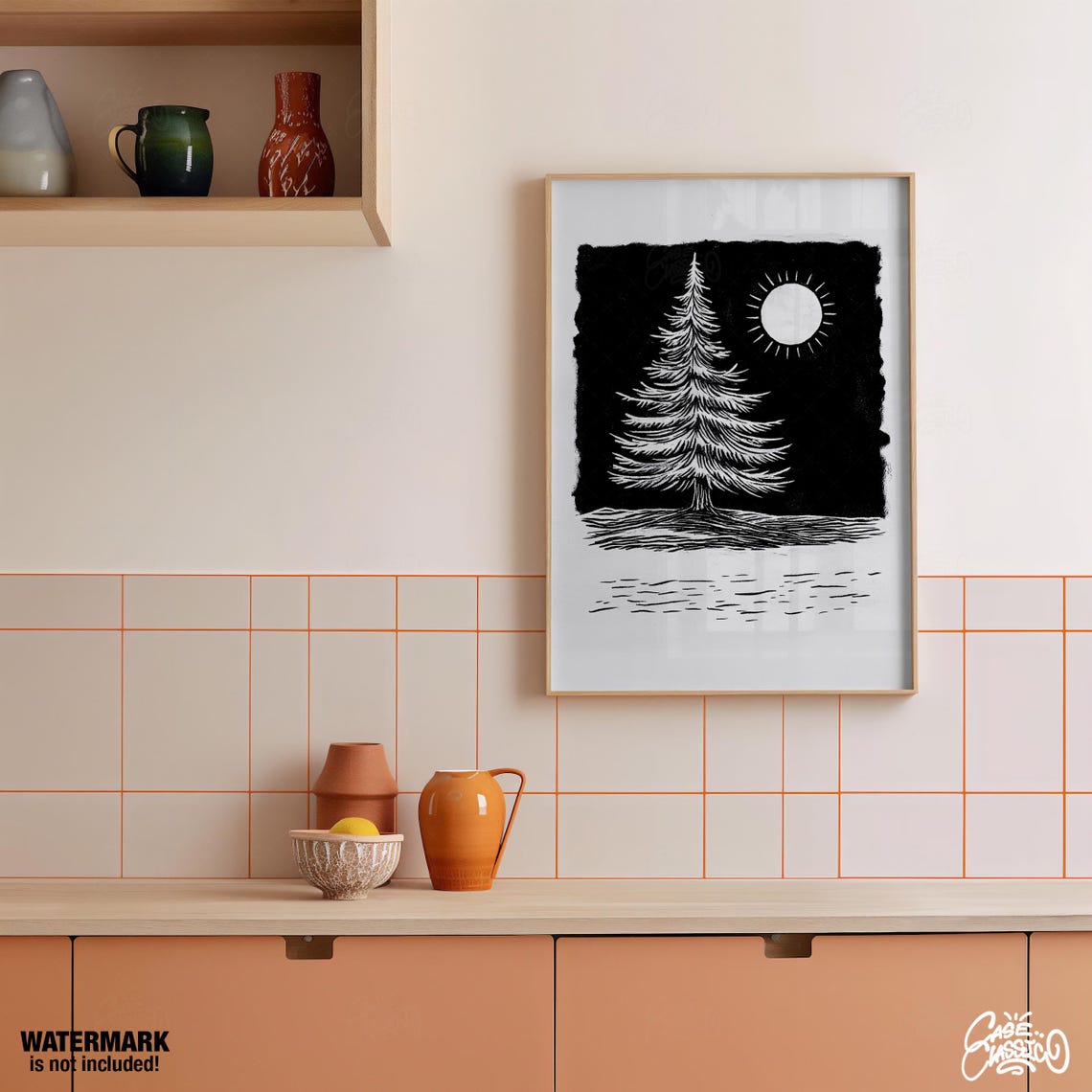 White Pine Tree and Radiant Sun on Black Bold Winter Night Poster - Image 2