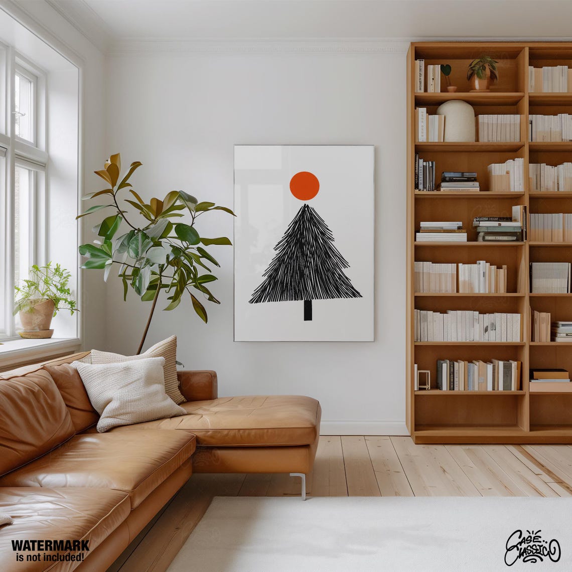 Black Line Christmas Tree with Orange Sun Mid Century Poster - Image 4