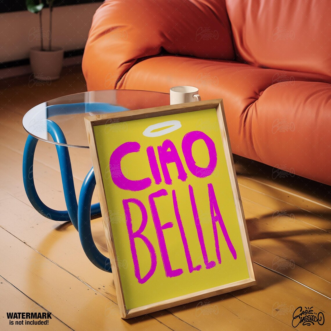 Ciao Bella Magenta Brush Lettering Angel Halo Sunny Yellow Poster