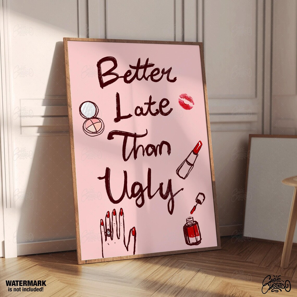 Better Late Than Ugly Girly Wall Art Makeup Print Preppy Wall Art Quote Print Teen Girl Wall Art Indie Room Decor Pink Room Decor - Image 3