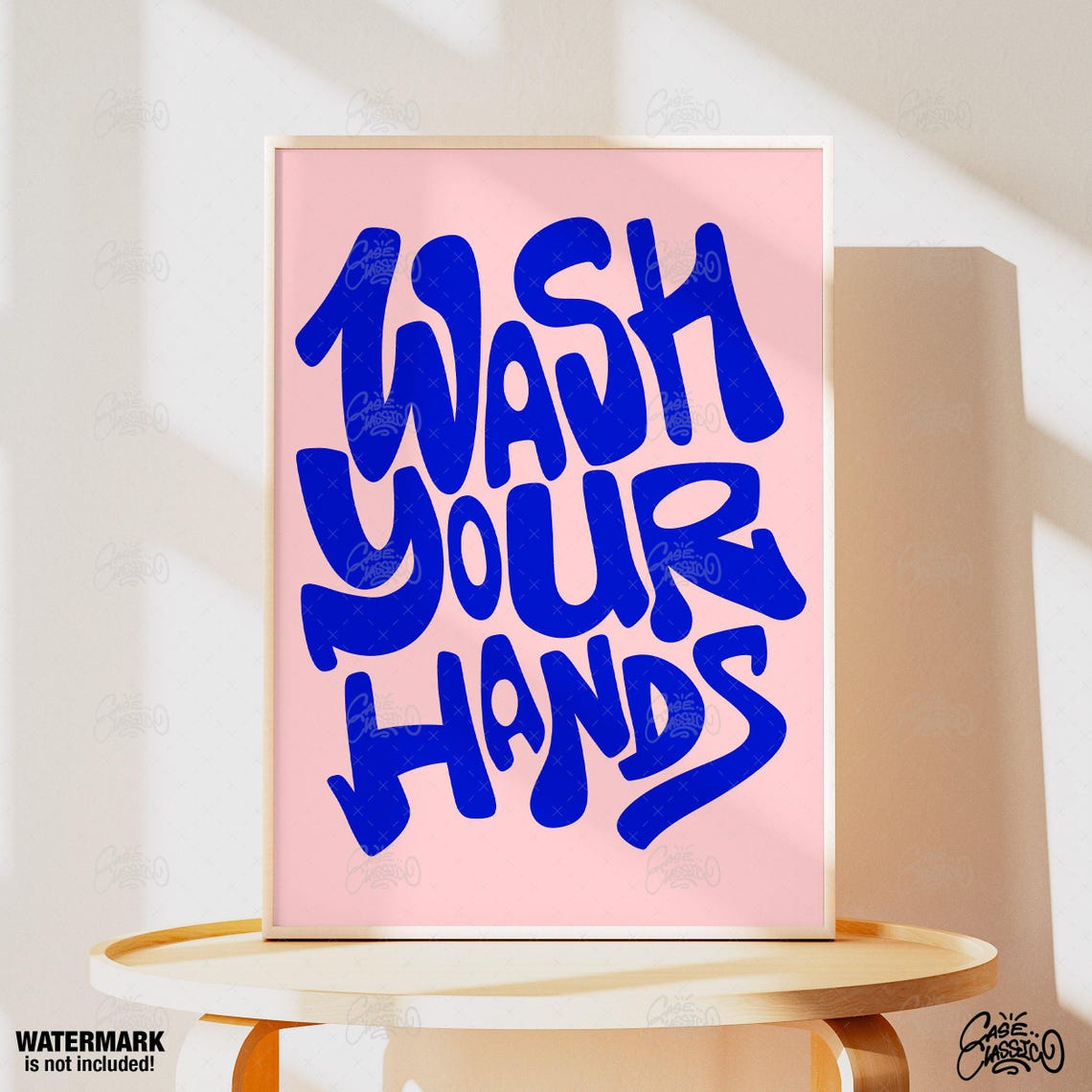 Playful Wash Your Hands Blue Bubble Letters Pink Bathroom Poster