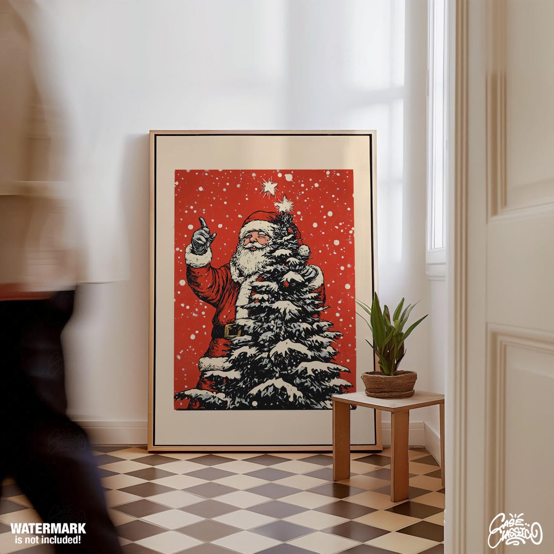 Retro Santa Claus Pointing at Starry Snow Night Holiday Poster - Image 2