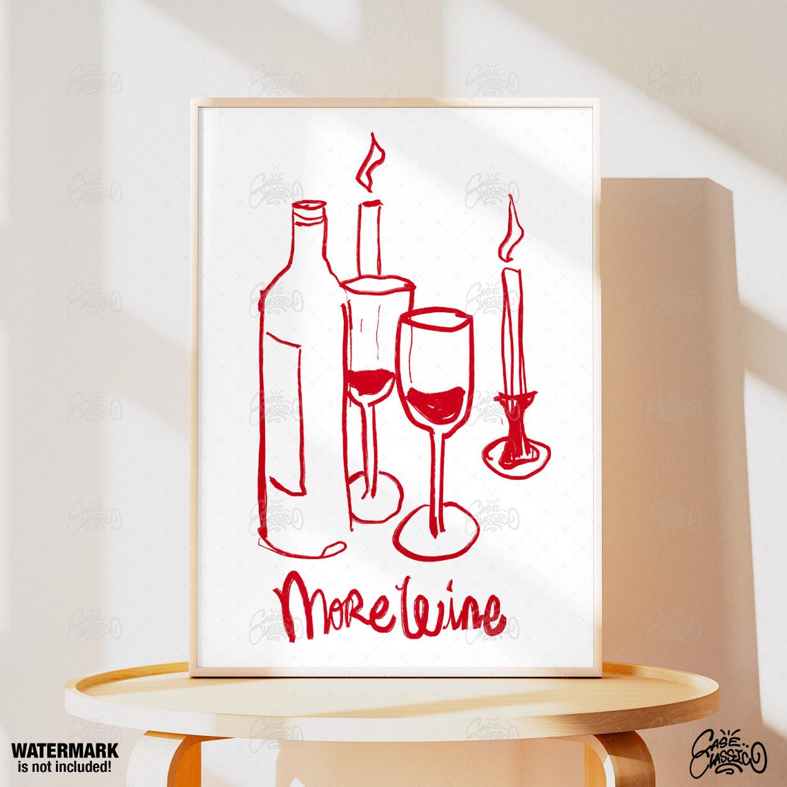 More Wine Red Line Art Poster With Bottle Glasses and Candle Drawing