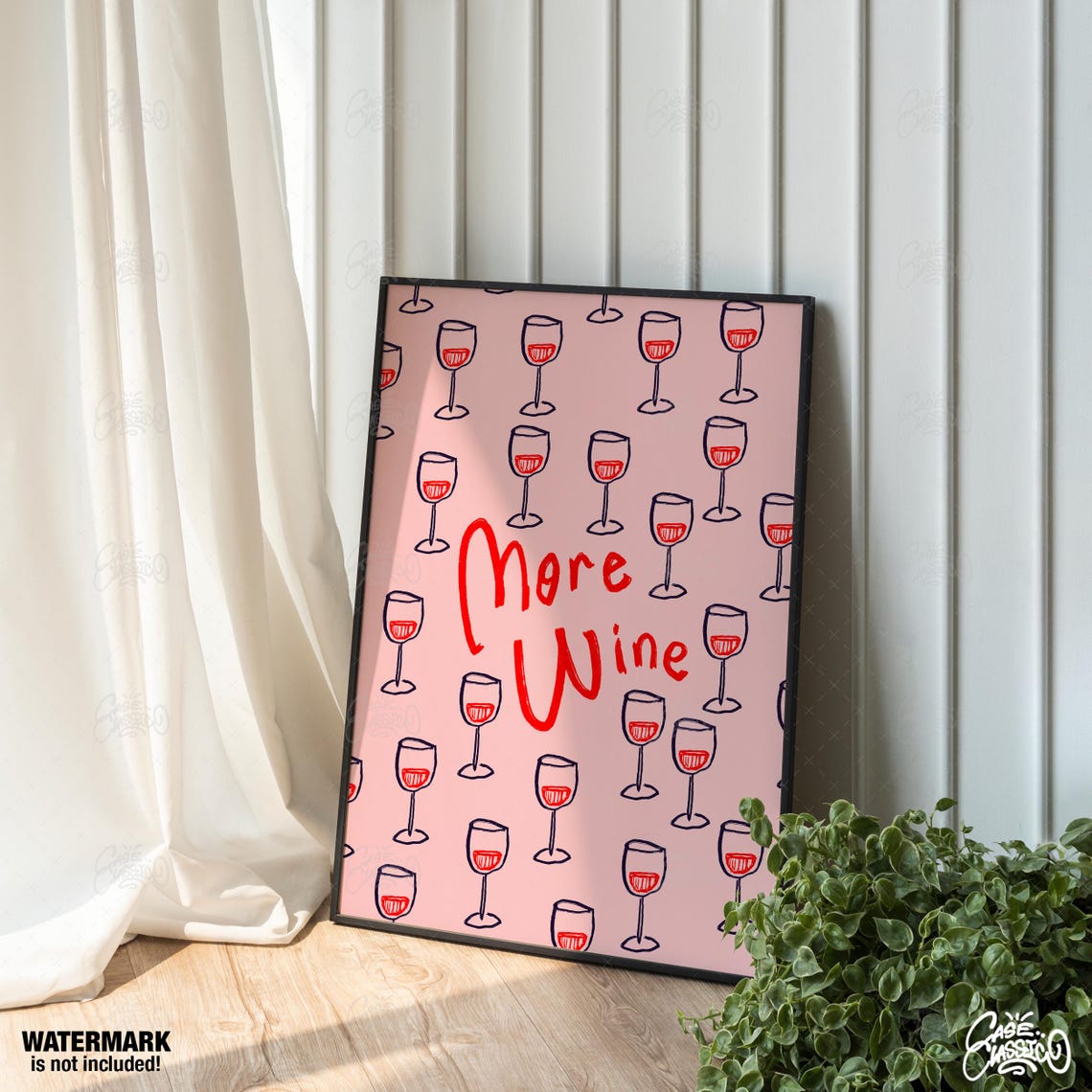 More Wine Hand Lettered Pink Wine Glass Pattern Kitchen Poster - Image 3