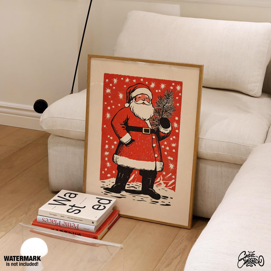 Vintage Red Santa Claus Holding Pine Branch Retro Holiday Poster - Image 4