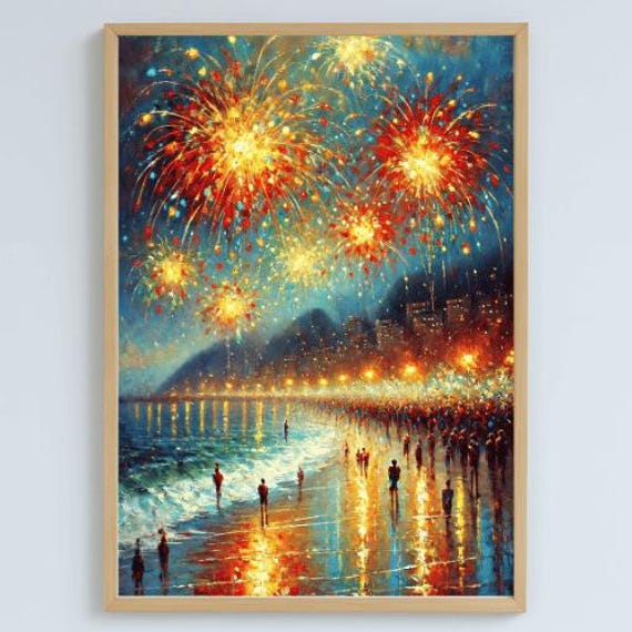 Copacabana Fireworks Print Rio New Year Wall Art Impressionist Poster 600 Dpi