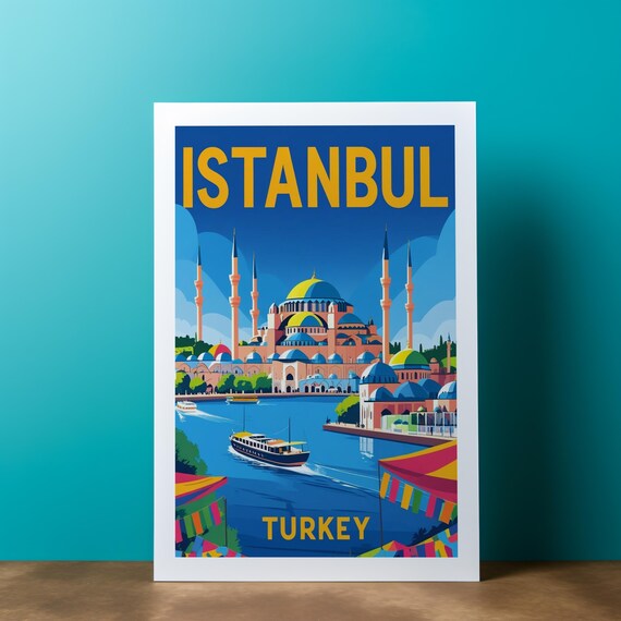 Istanbul Turkey Vintage Travel Poster Mosque Skyline Bosphorus
