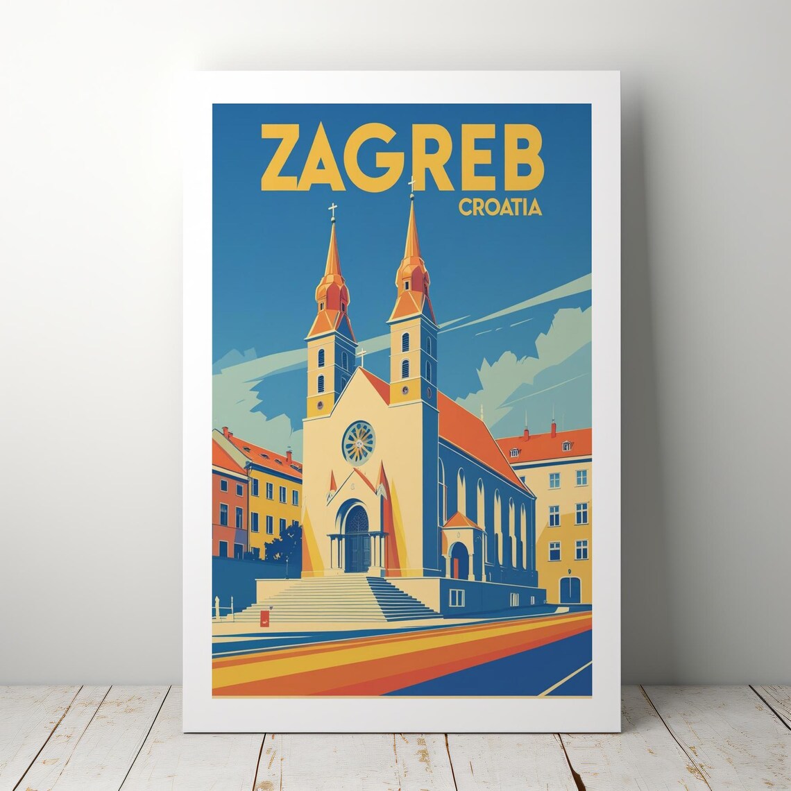 Zagreb Croatia Vintage Travel Poster With Retro Cathedral Cityscape Design