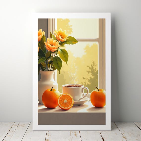 Orange Coffee Still Life Art Print, Cozy Kitchen