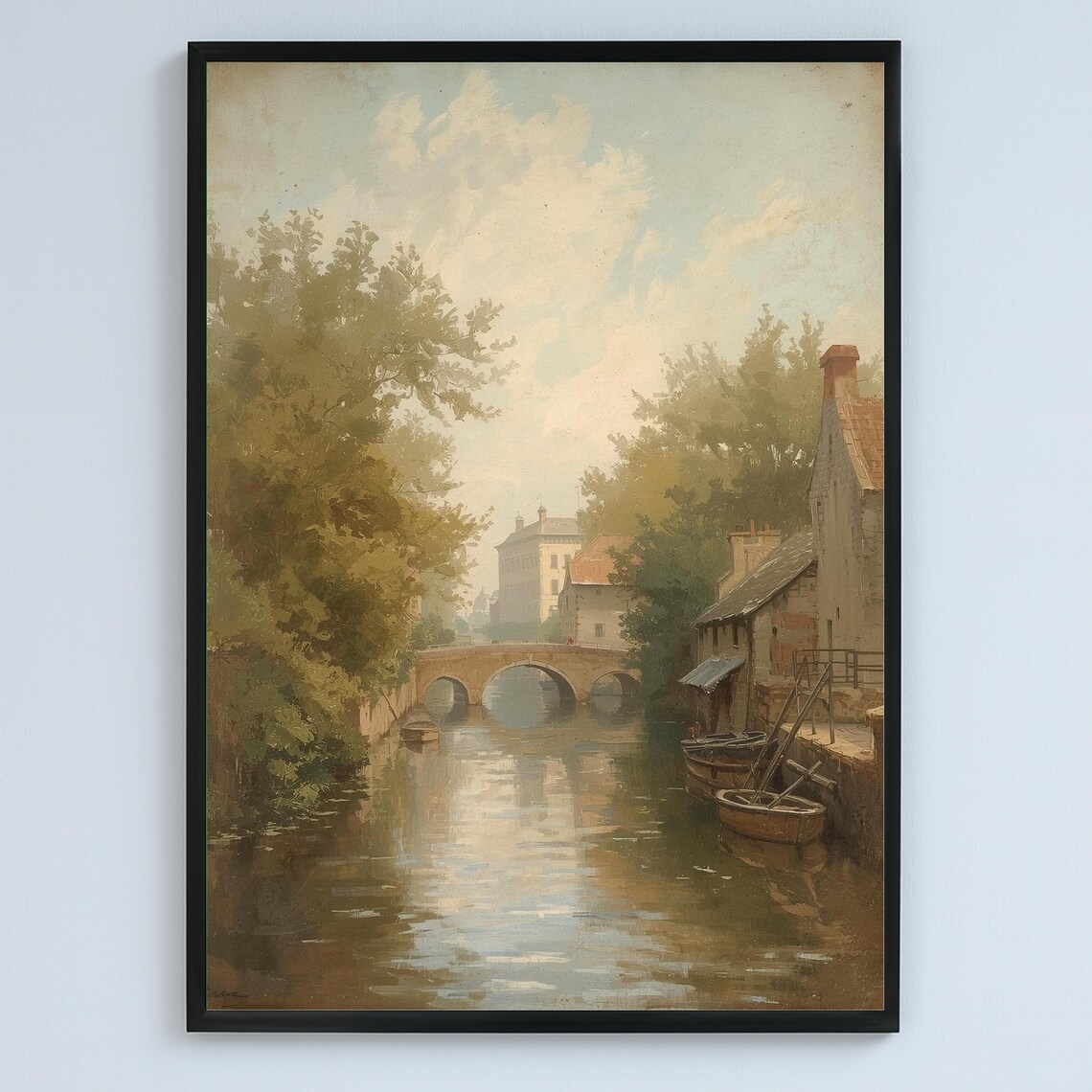 European Canal Vintage Landscape Painting Serene Waterway Poster