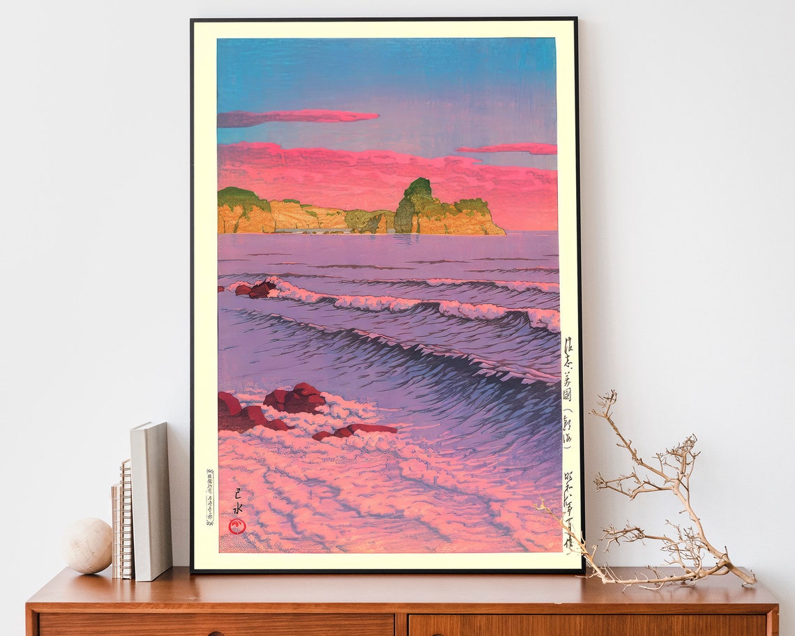 Japanese Pink Sunrise Sea Waves Woodblock Style Morning Poster
