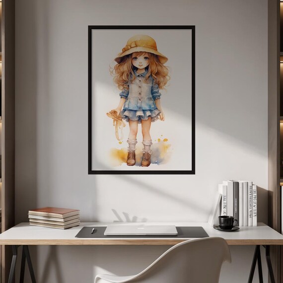 Whimsical Watercolor Girl in Straw Hat Sweet Dreamy Nursery Kids Poster