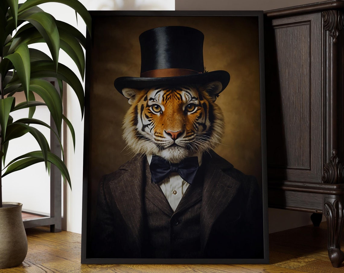 Mr Tiger In Vintage Suit Top Hat Quirky Decor