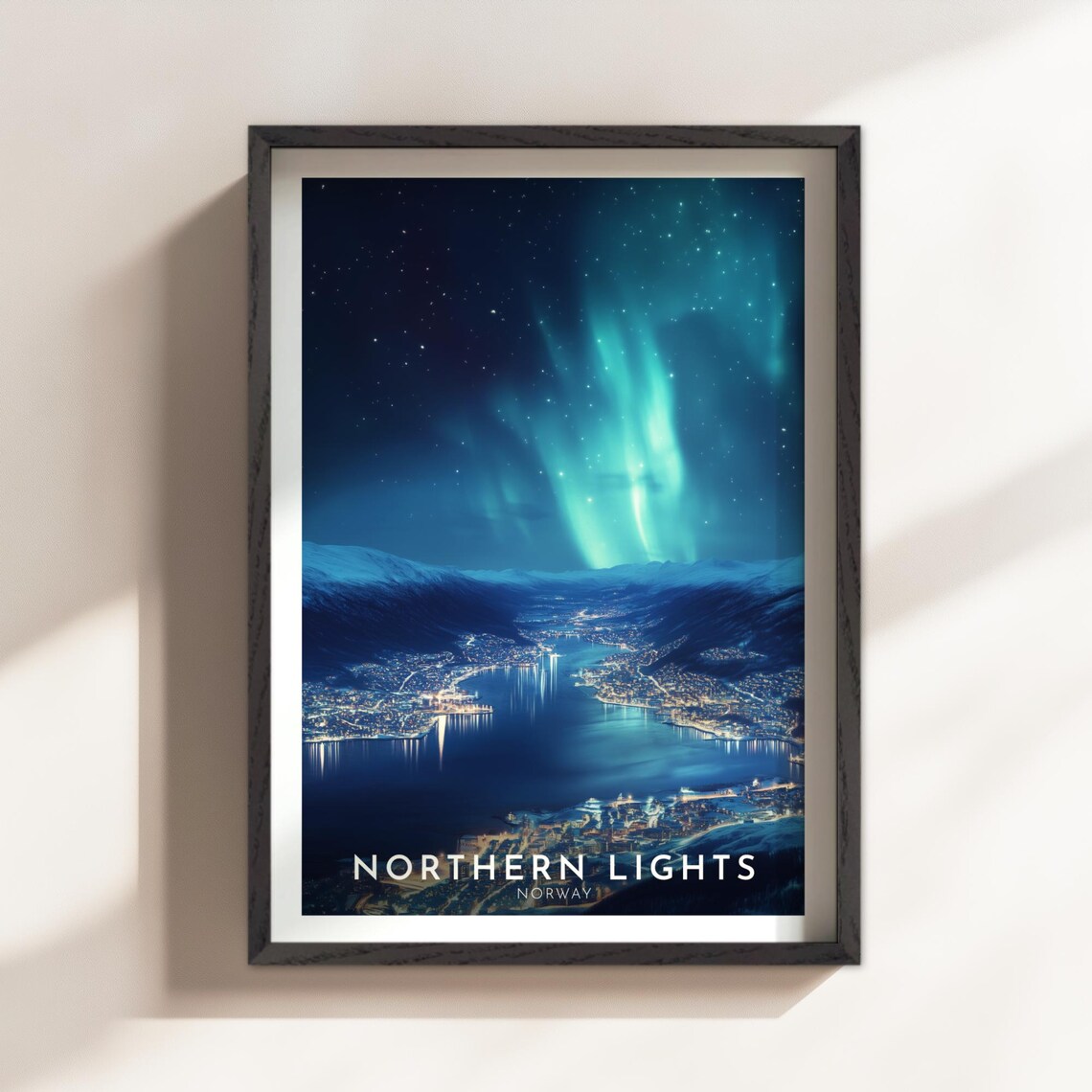 Northern Lights Norway Aurora City Fjord Night Travel Poster