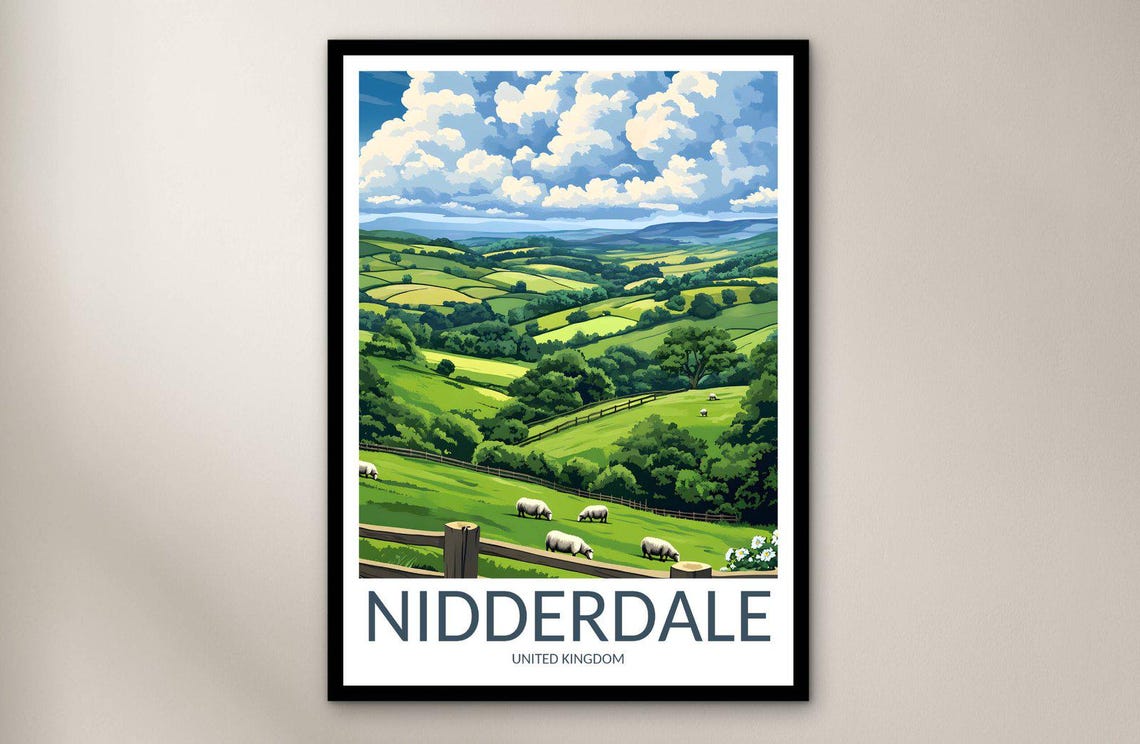 Nidderdale England Rolling Green Sheep Meadows Travel Poster