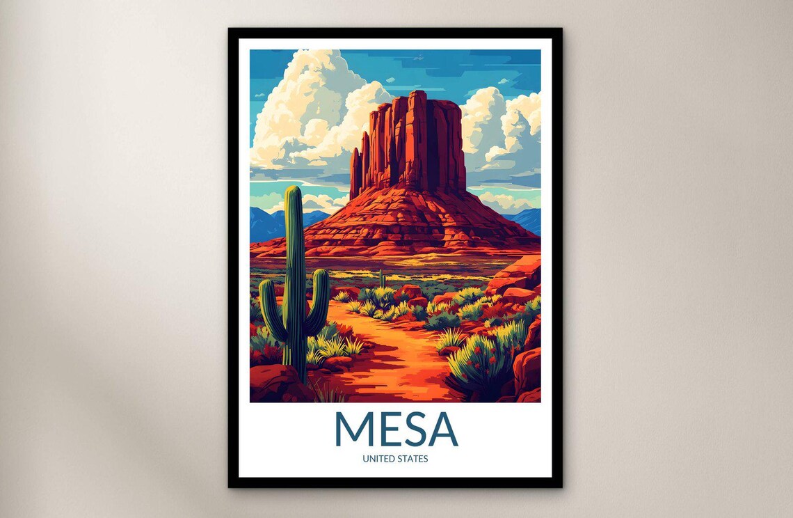 Mesa Desert Southwest Butte Cactus Landscape Vintage Travel Poster