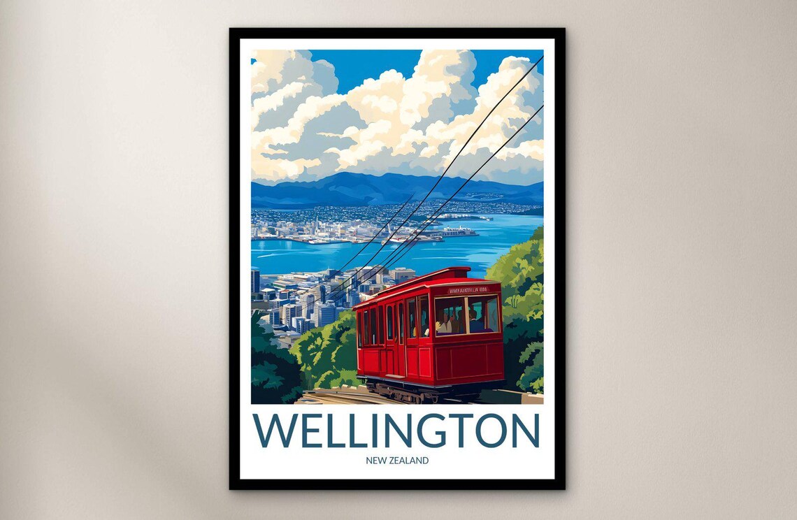 Wellington New Zealand Iconic Red Cable Car Harbor View Poster