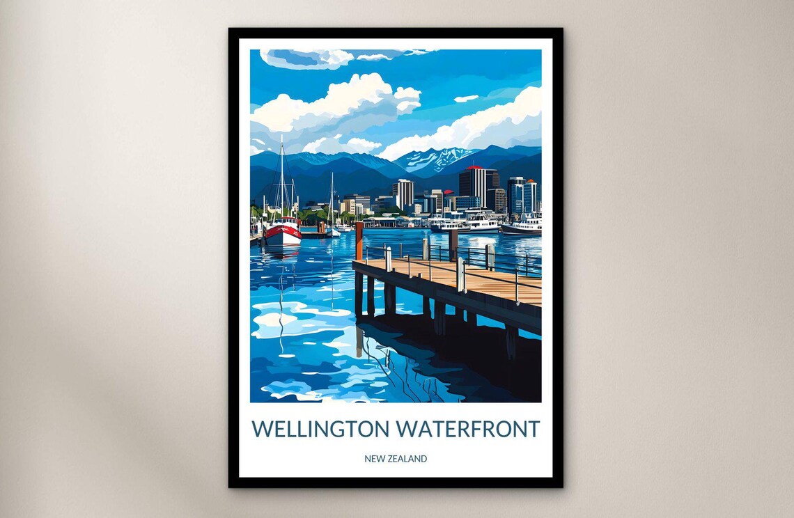Scenic Wellington Waterfront New Zealand Harbor Travel Poster