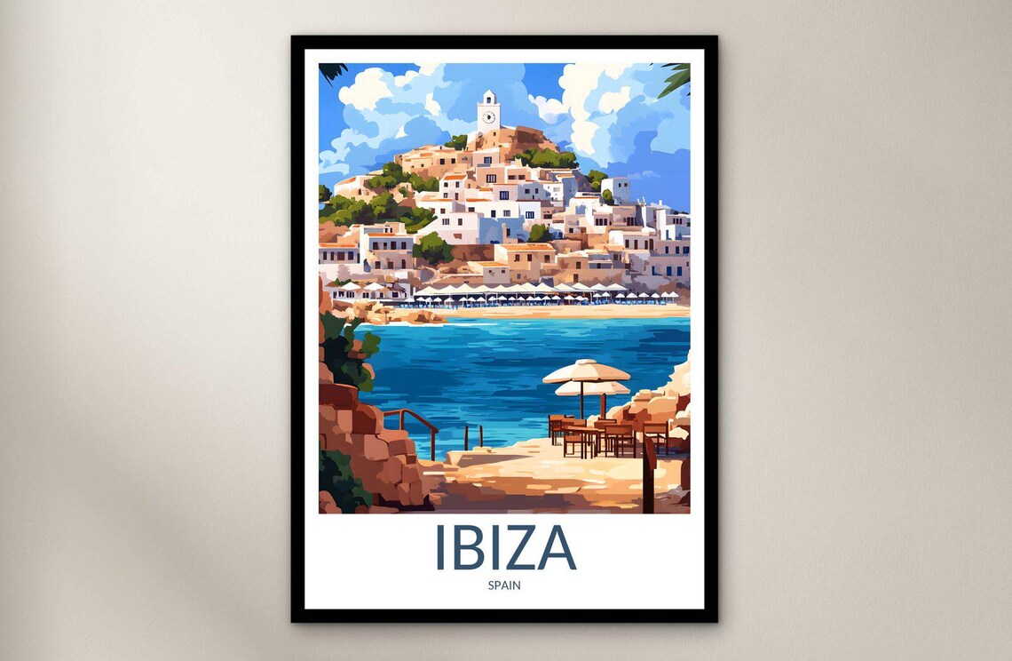Ibiza Spain Whitewashed Village Bell Tower Beach Travel Poster Art