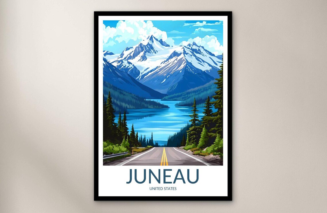 Juneau United States Mountain Road and Lake Vintage Travel Poster