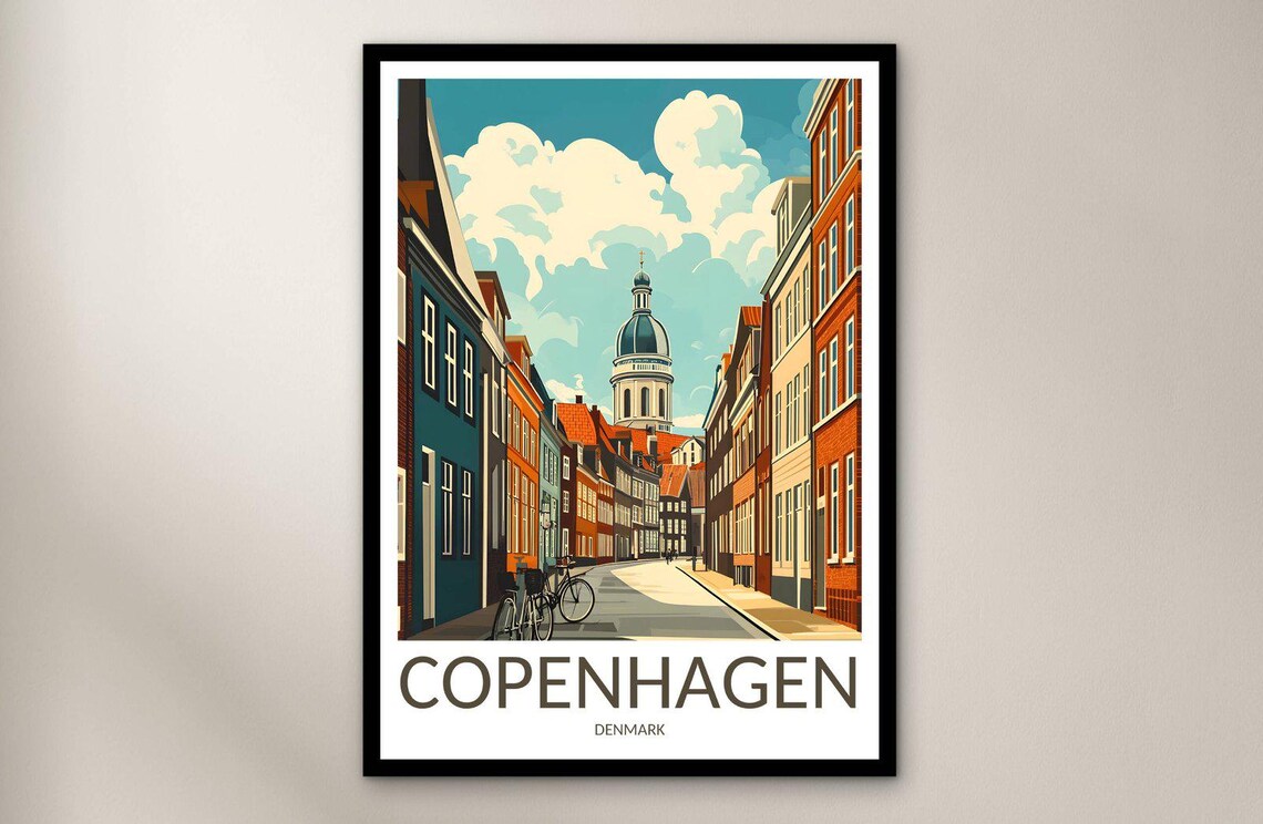 Copenhagen Old Street Domed Church Bicycle Vintage Travel Poster