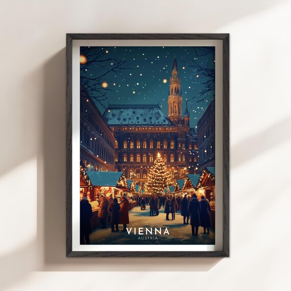Vienna Austria Christmas Market Night Lights Festive Travel Poster