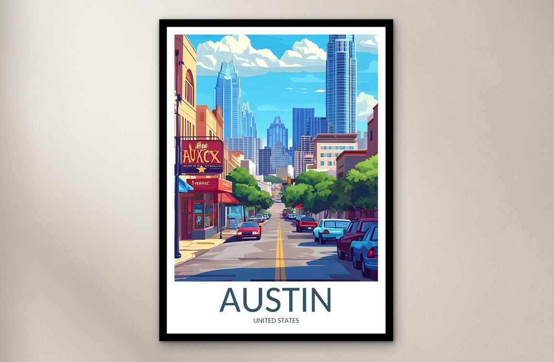 Austin Texas Downtown Skyline Colorful Street City Travel Poster