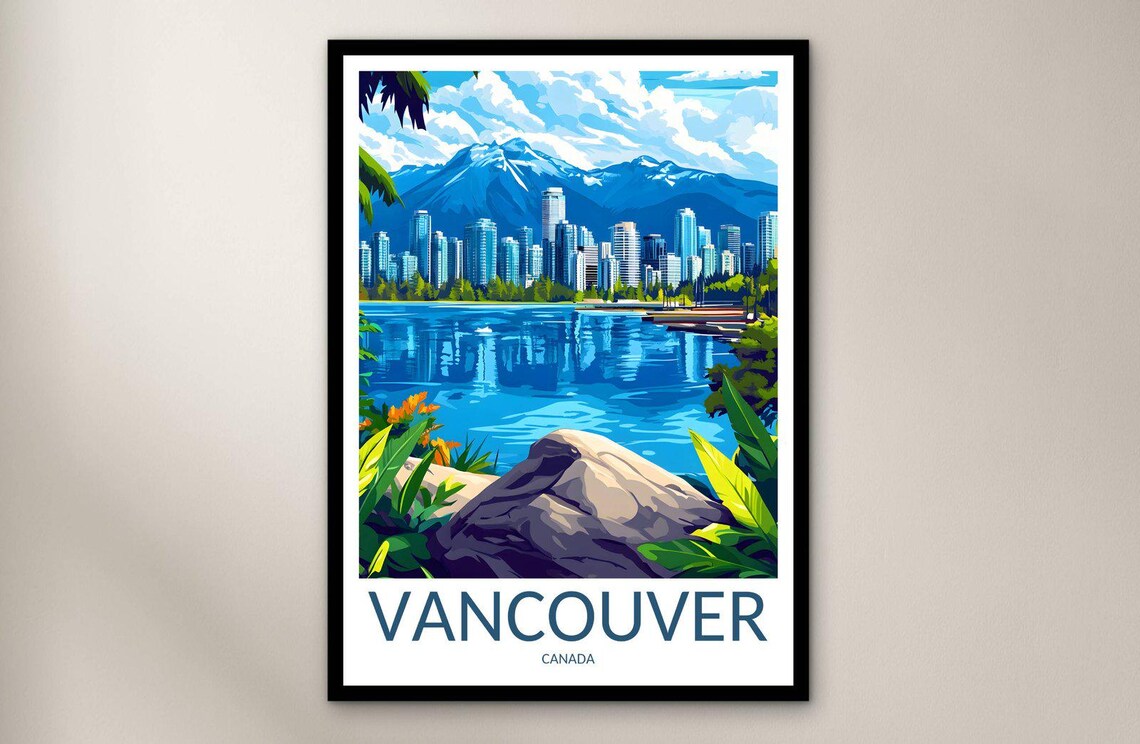 Vancouver Canada City Skyline Lake Mountain View Scenic Travel Poster