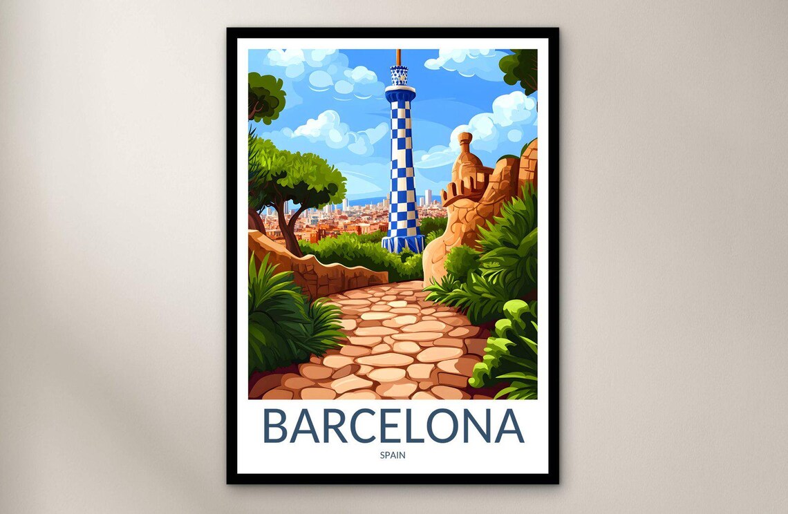 Barcelona Spain Park Guell Mosaic Tower City View Travel Poster