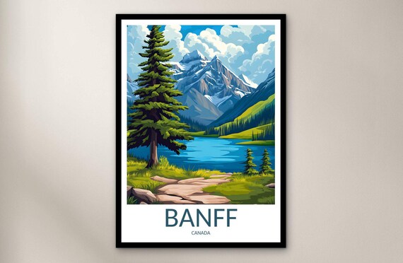 Banff Canada Alpine Lake Mountain Peak Pine Forest Travel Poster