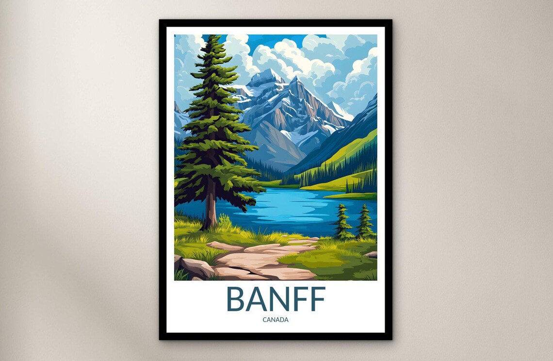 Banff Canada Alpine Lake Mountain Peak Pine Forest Travel Poster