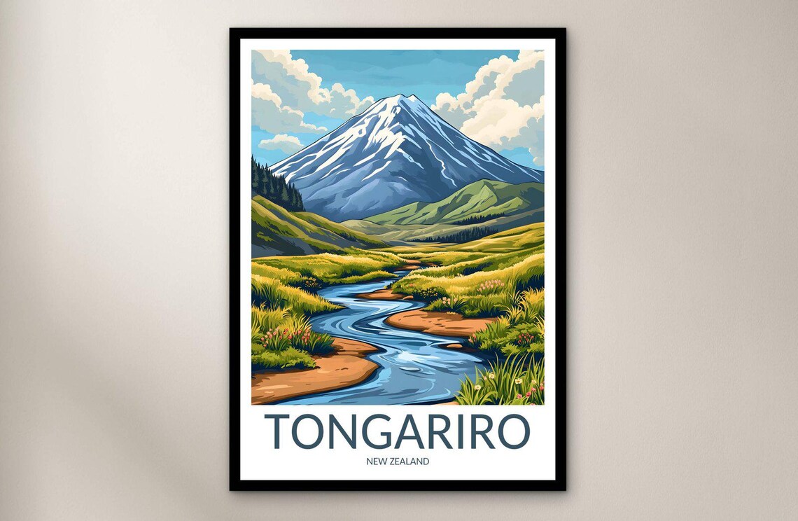 Tongariro New Zealand Snowcapped Peak Winding Stream Tussock Art Poster