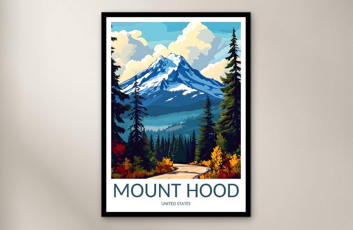 Mount Hood Snow Peak Autumn Forest Winding Road Travel Poster Art
