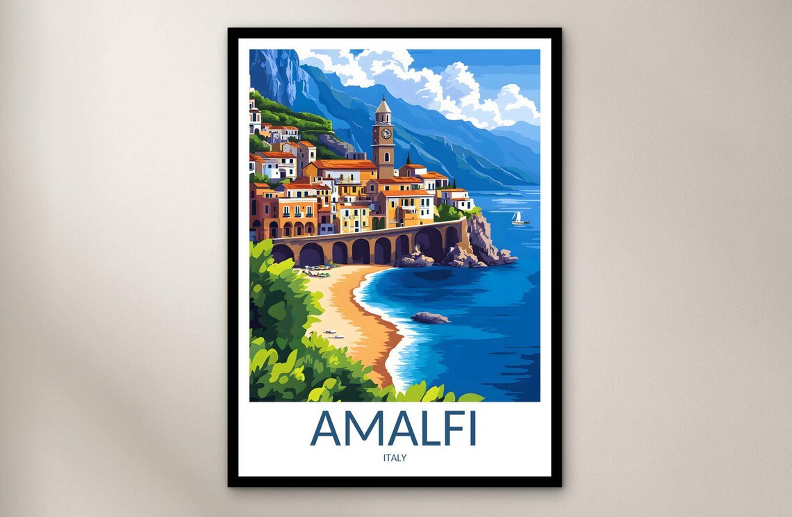 Amalfi Italy Coastal Town Golden Beach Mountains Travel Poster - Image 4