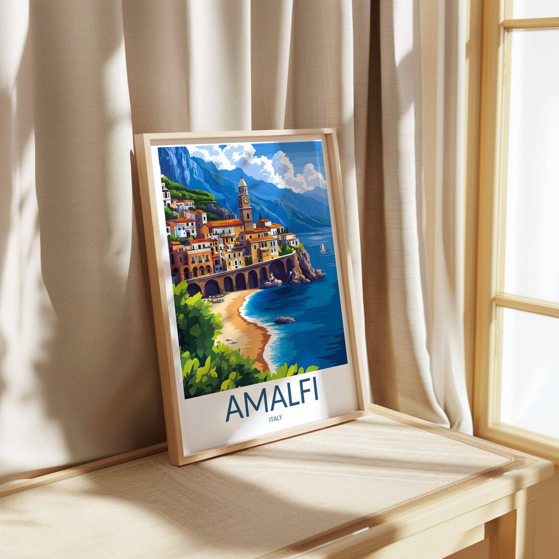 Amalfi Italy Coastal Town Golden Beach Mountains Travel Poster - Image 3