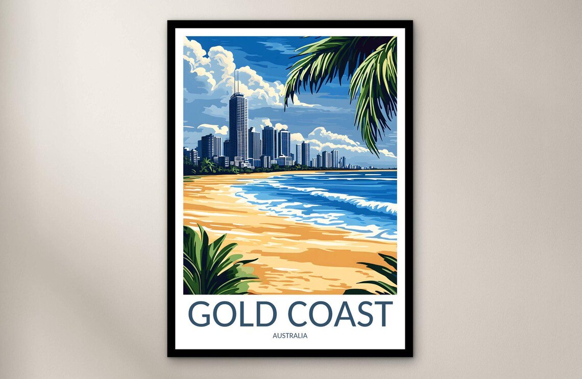 Gold Coast Australia Beach Skyline Surf Vintage Travel Poster